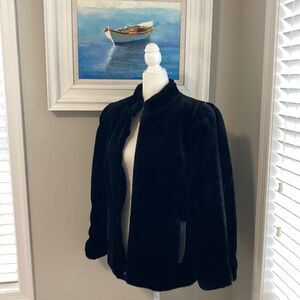 Vintage 80s 90s Outerlayers Mouton Faux Fur Short Black Winter Zipper Jacket